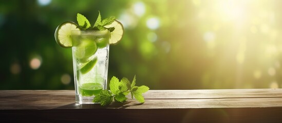 Poster - Fresh mojito cocktail on wooden table with copy space image