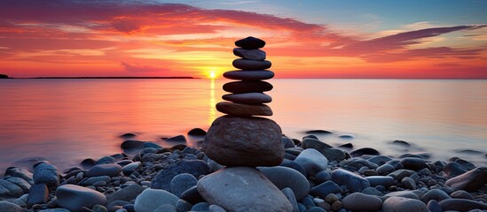 Wall Mural - Sunset setting with stones by the sea creating a serene scene with copy space image