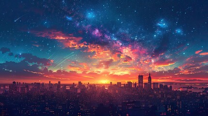 Poster - The silhouette of a city skyline, with towering buildings reaching up towards the stars.