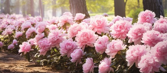 Sticker - In spring a park displays the beauty of blooming bush peonies with beautiful pink flowers creating a picturesque scene with copy space image