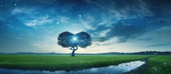 Wall Mural - heart shaped tree in a paddy field with milky way backdrop in a rural setting perfect for a copy spa