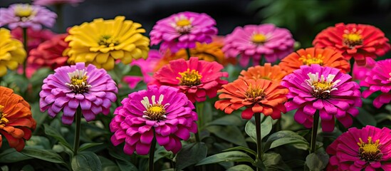 Canvas Print - Zinnias in vibrant hues like red pink purple and yellow create a stunning display in a tropical garden setting with a beautiful backdrop for a copy space image