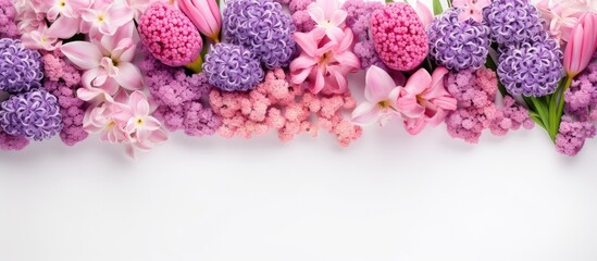 Sticker - Isolated on a white background a border of pink and violet hyacinths and tulips creates a charming arrangement for your copy space image