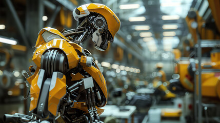 Wall Mural - Yellow industrial robot in a futuristic factory setting