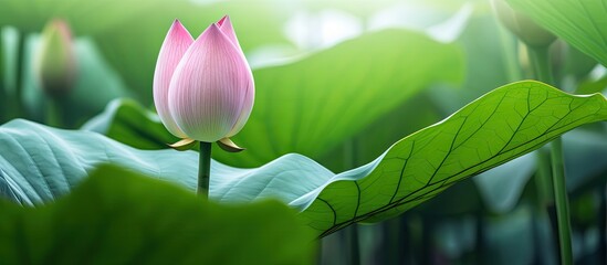 Wall Mural - A pink lotus flower bud set against lush green foliage with a blank area for writing or inserting an image provided. Copy space image. Place for adding text and design