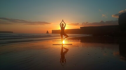 Wall Mural - The silhouette of a person doing yoga on a beach, with the sun setting behind them, casting long shadows.