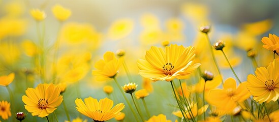 Poster - Bright yellow cosmos flowers blooming in a vibrant garden with a picturesque copy space image