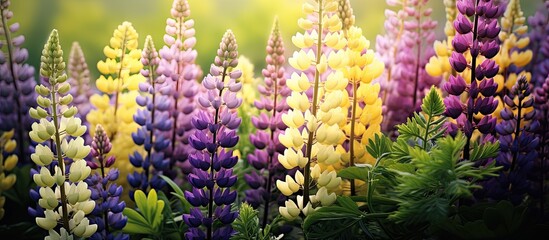 Canvas Print - Lupines creating a vibrant display with purple and yellow flowers set against a greenish background providing a picturesque copy space image