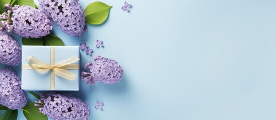 Canvas Print - Top view of lilac flowers arranged in a frame with a gift box on a blue background suitable for Mother s Day with copy space image