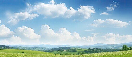 Wall Mural - Landscape with fresh green vegetation from the forest and meadows under a sky filled with fluffy white clouds ideal for a copy space image
