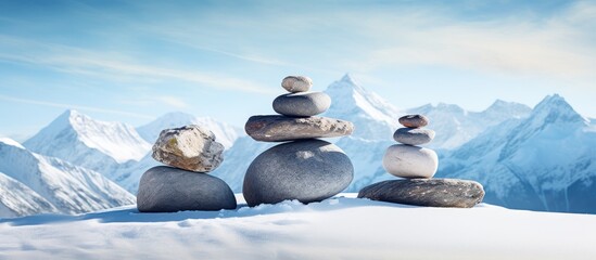 Wall Mural - Snowy mountains serve as a picturesque backdrop for a serene arrangement of Tibetan balancing stones with copy space image