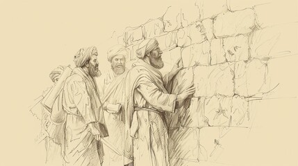 Wall Mural - Biblical Illustration: Nehemiah Rebuilds the Wall, Leading Effort with Determination, Facing Opposition, Beige Background, Copyspace