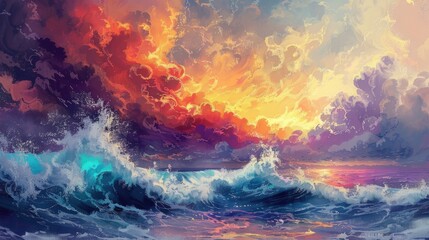 Wall Mural - A painting of a stormy ocean with a red and orange sky. The waves are crashing and the sky is filled with vibrant colors