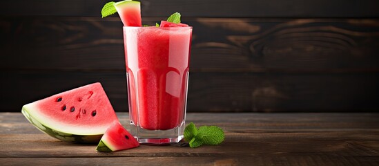 Poster - Watermelon smoothie in a glass on a wooden surface with copy space image