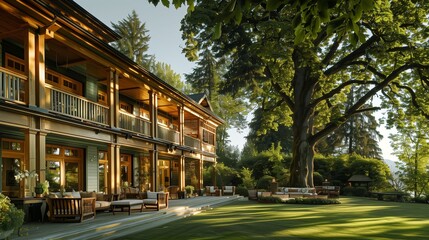  A captivating scene capturing the essence of luxury living in Vancouver, Canada, with a sprawling two-story painted wood house surrounded by verdant foliage. The expansive veranda offers an inviting 