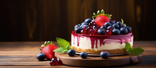 Poster - Delicious blueberry cheesecake with strawberries on a wooden background perfect for magazines books or brochures featuring copy space image of ingredients