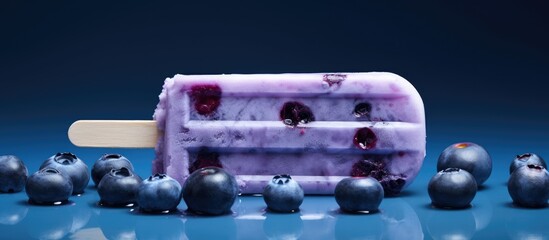 Poster - Homemade ice lolly featuring fresh blueberry flavored fruit displayed with a blank space for imagery. Copy space image. Place for adding text and design