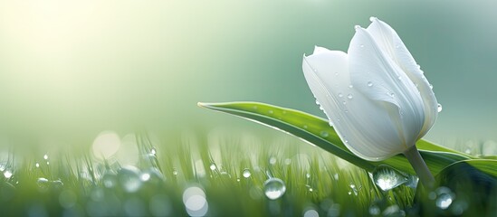 Poster - Close up white tulip with dew drops and rain captured under the spring summer sunlight suitable for a copy space image