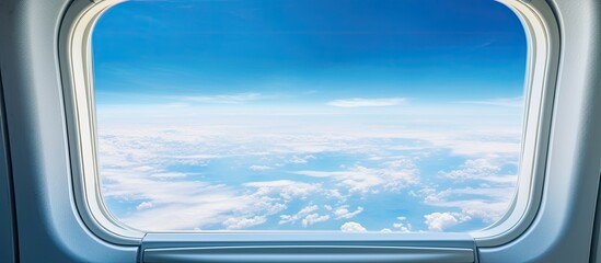 Canvas Print - In flight view showing white clouds floating in a blue sky through the plane window with copy space image