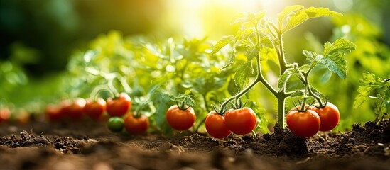 Wall Mural - Young tomato plants growing in an organic garden with a green plantation background suitable for a copy space image