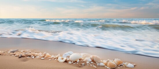 Wall Mural - A serene seascape with waves gently caressing a pristine sandy shore adorned with shells creating a picturesque coastal scene with a tranquil copy space image