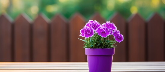 Sticker - Purple carnation in a colorful flower pot on a wooden background with a top view and copy space image