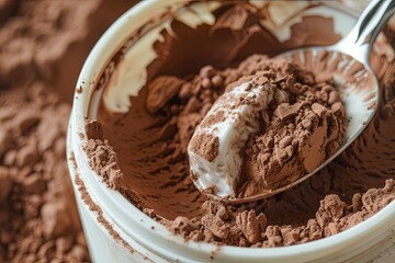 Canvas Print - Open white container with brown powder There is cocoa in the cup. And on top was a silver spoon filled with chocolate.