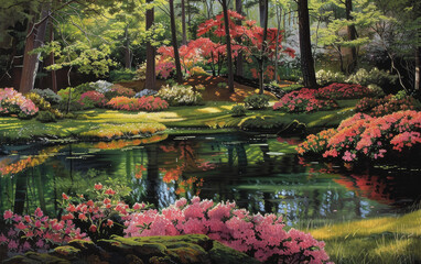 Wall Mural - A serene painting of an enchanted forest garden, filled with blooming azaleas and other colorful flowers. Created with Ai