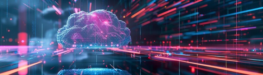 Poster - A futuristic digital cloud with neon light effects, representing data storage and technology in a dynamic and vibrant visual concept.