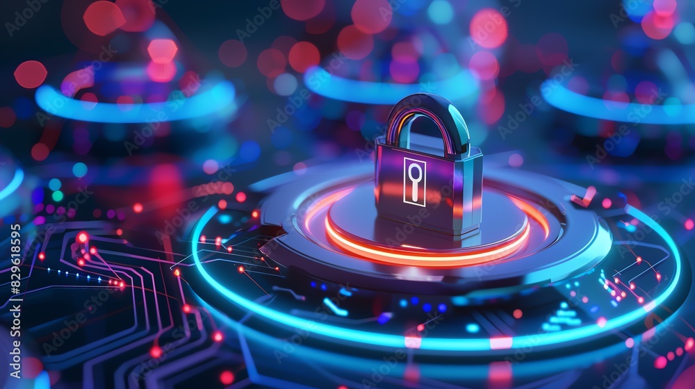 Cyber security digital concept with a glowing padlock surrounded by ...