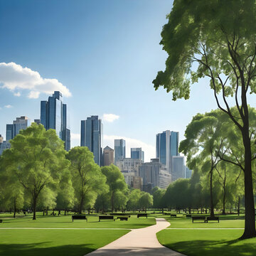 Showcase the outline of trees in a city park with building