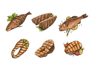 Wall Mural - Hand-drawn colored vector sketch of barbecue fish and pieces of barbecue salmon steaks. Doodle vintage illustration. Decorations for the menu. Engraved image.