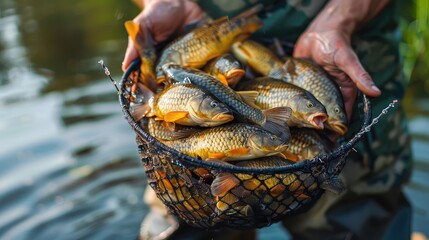 Wall Mural - The fisherman holds a fish in his hands. Selective focus.