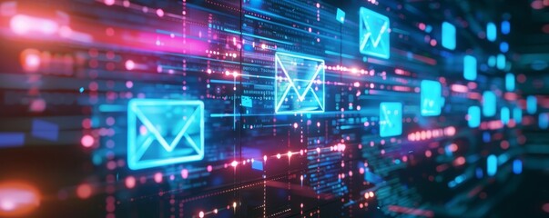 Digital email communication concept with glowing icons and data flowing in a futuristic network background representing technology and connectivity.