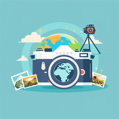 Wall Mural - World Photography Day vector banner and logo. Celebrate Nature Photography Day with our social media post template featuring a line art camera design. Perfect for World Photography Day!
