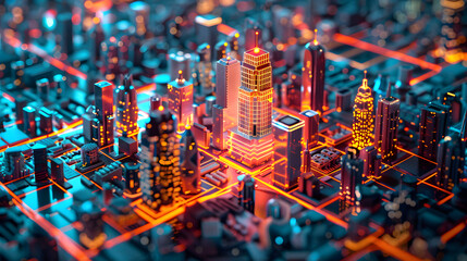Aufkleber - High tech data network color grids over miniature cityscape with cinematic coloring