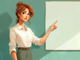 illustration of professional woman pointing at blank whiteboard, suitable for educational or busines