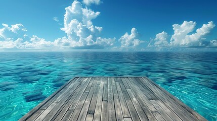 Serene ocean view from a wooden pier extending into clear turquoise waters under a blue sky with fluffy clouds.