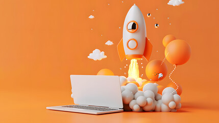 Digital illustration of laptop and rocket, orange background