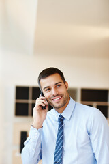 Poster - Businessman, thinking and networking phone call in office as real estate investor for deal, planning or decision. Male person, face and cellphone for property loan with client, trust or commission