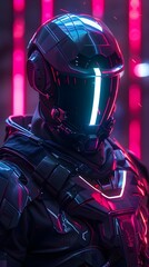 Sticker - Augmented Bionic Operative in Synthwave-Inspired Tactical Gear on Neon-Lit Urban Street