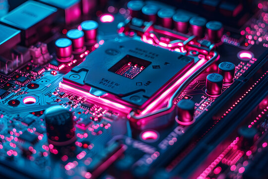 A macro image of a processor or a graphic card, technological device storing memory, hardware close-up, neon led lights