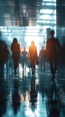 Canvas Print - Blurred Silhouettes of Professional Business Employees in a Modern Corporate Office Environment