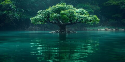 Canvas Print - A large tree is floating in the water