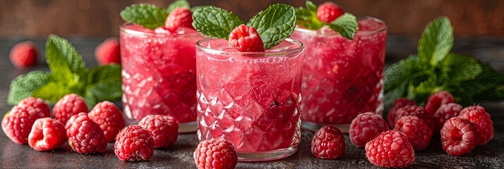 Wall Mural - Three glasses of pink raspberry juice with a sprig of mint on top