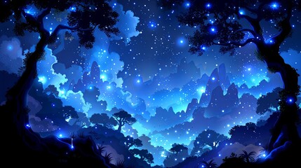Canvas Print - A forest scene with trees and stars in the sky