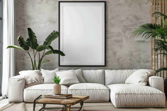 A stylish space with a white frame mockup on the wall, mid-century chair, marble side table, and a succulent.. Beautiful simple AI generated image in 4K, unique.