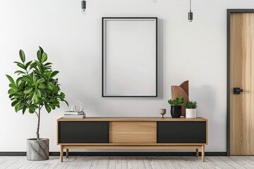  White Mockup poster blank frame on a pastel-colored wall with minimalistic furniture. Beautiful simple AI generated image in 4K, unique.