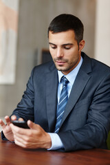 Aufkleber - Business man, phone and reading in office for legal news, communication and client virtual advice at law firm. Corporate worker, lawyer or advisor typing on mobile app for chat, contact or career FAQ