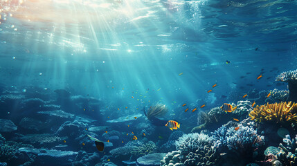 Wall Mural - coral reefs exoti fish sunbeam filtering down above underwater photo summer vacation travel